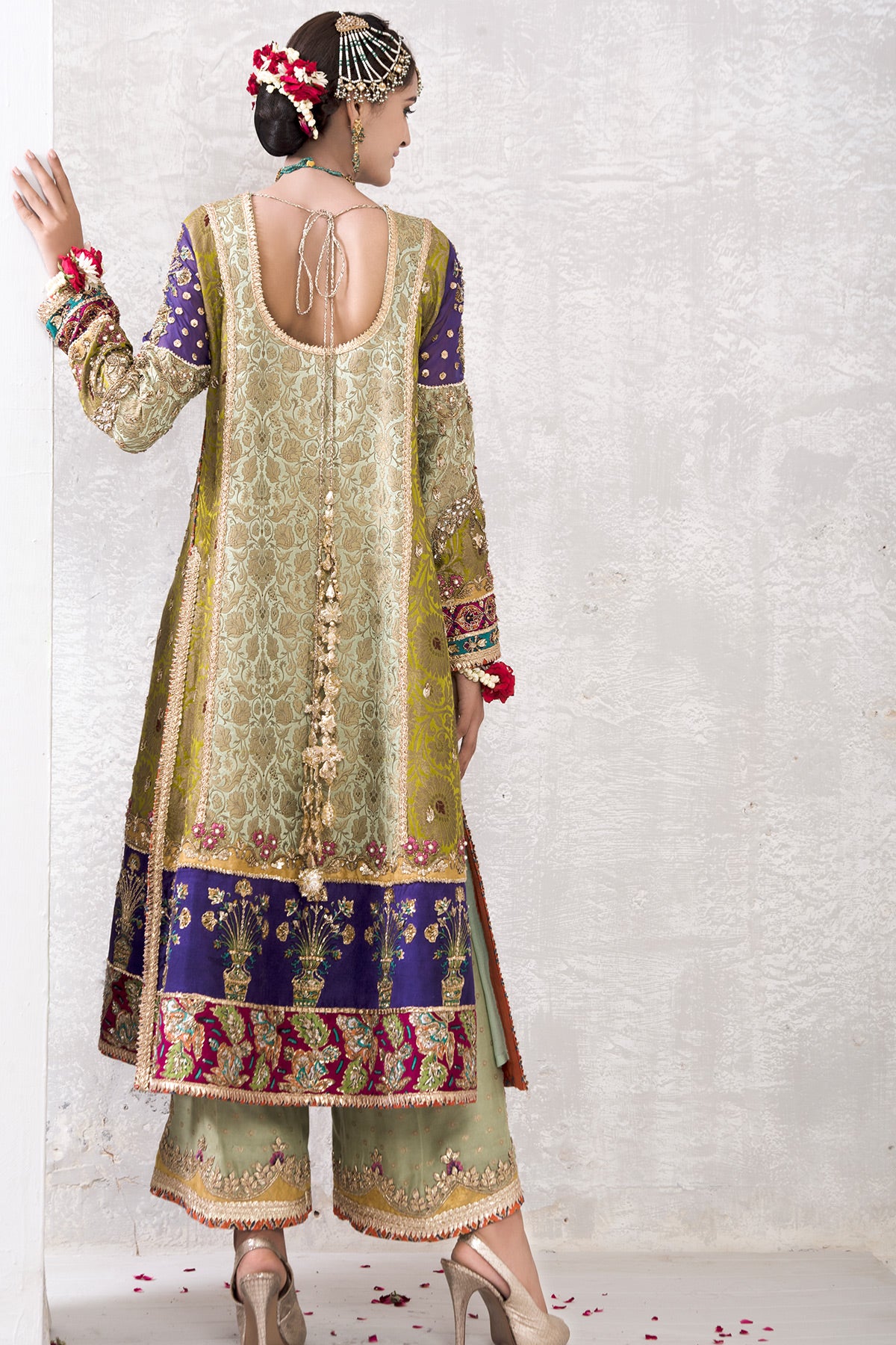 Pakistani Green Zardozi Jamawar Angrakha (2-Piece) - Image 2