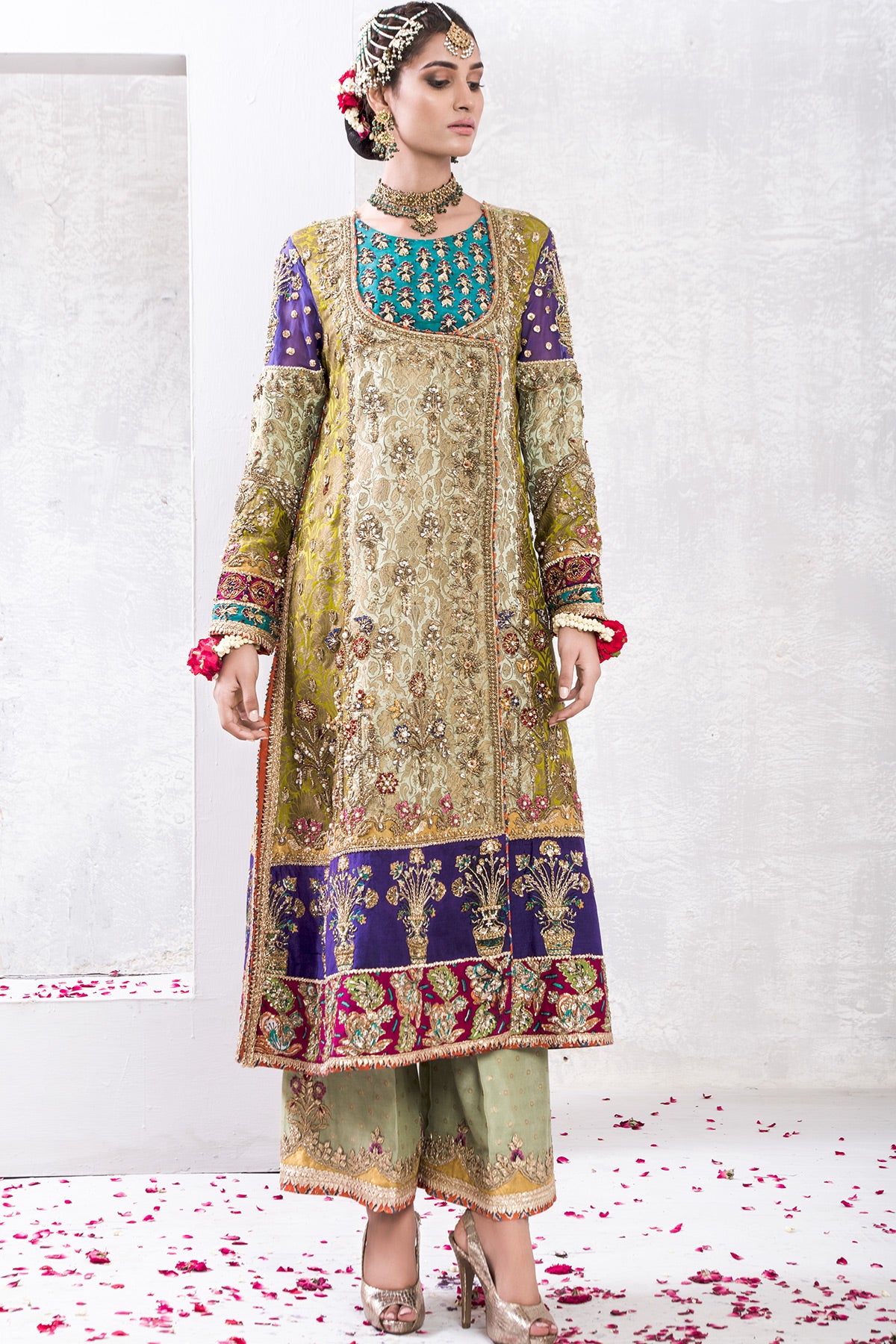 Pakistani Green Zardozi Jamawar Angrakha (2-Piece) - Image 3