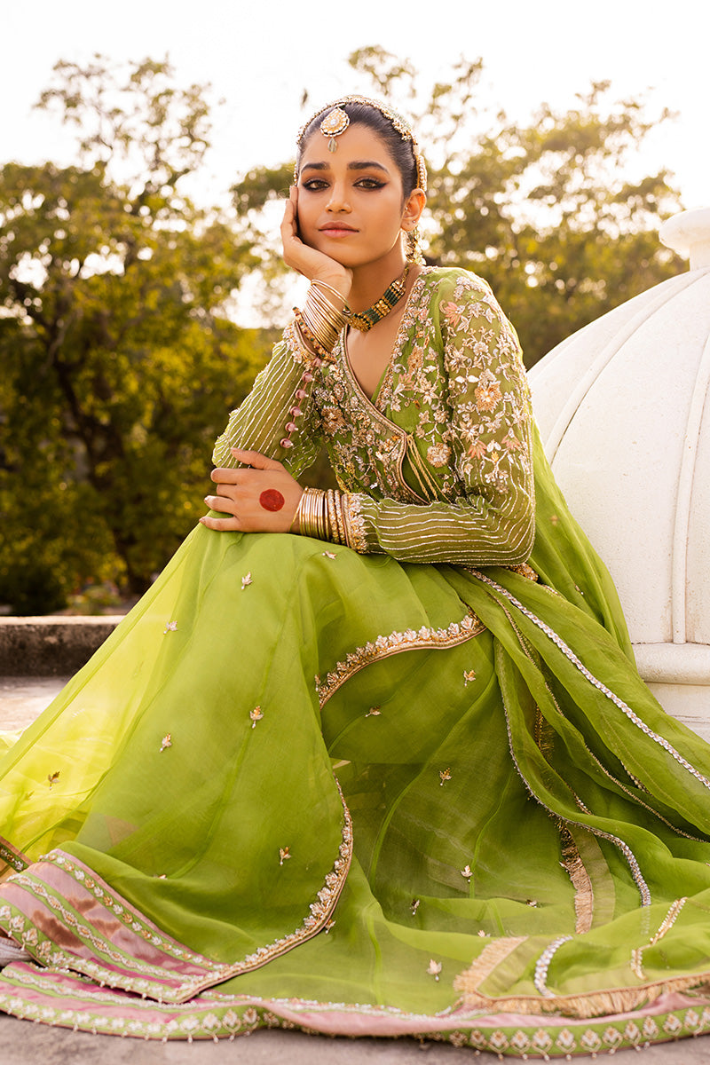 Apple Green Embroidered Organza & Silk Angrakha (2-Piece) - Image 3