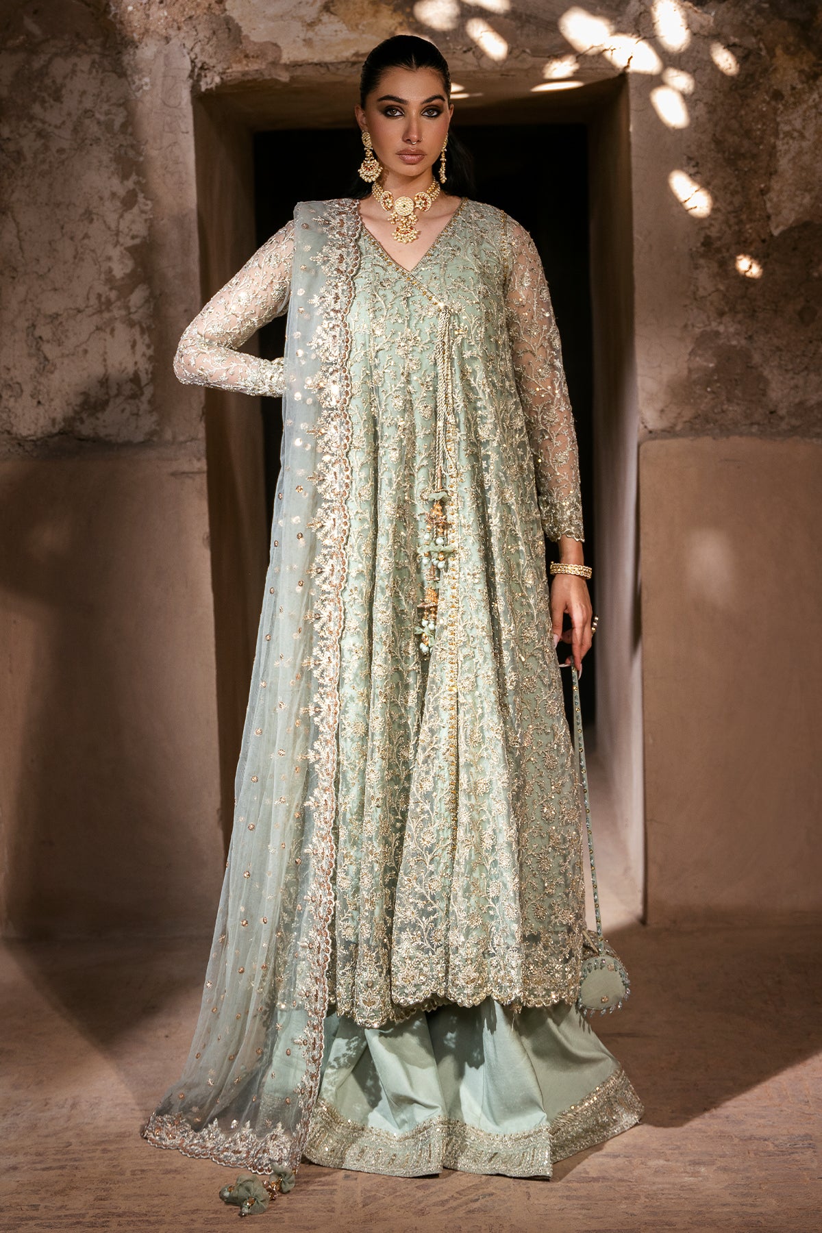 Pakistani Pistachio Embroidered Kattan Silk Angrakha (3-Piece) - Image 1