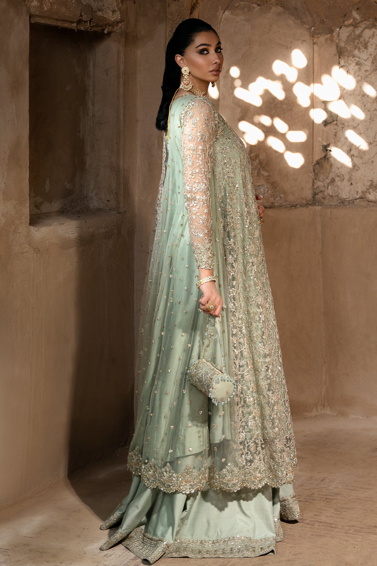 Pakistani Pistachio Embroidered Kattan Silk Angrakha (3-Piece) - Image 2