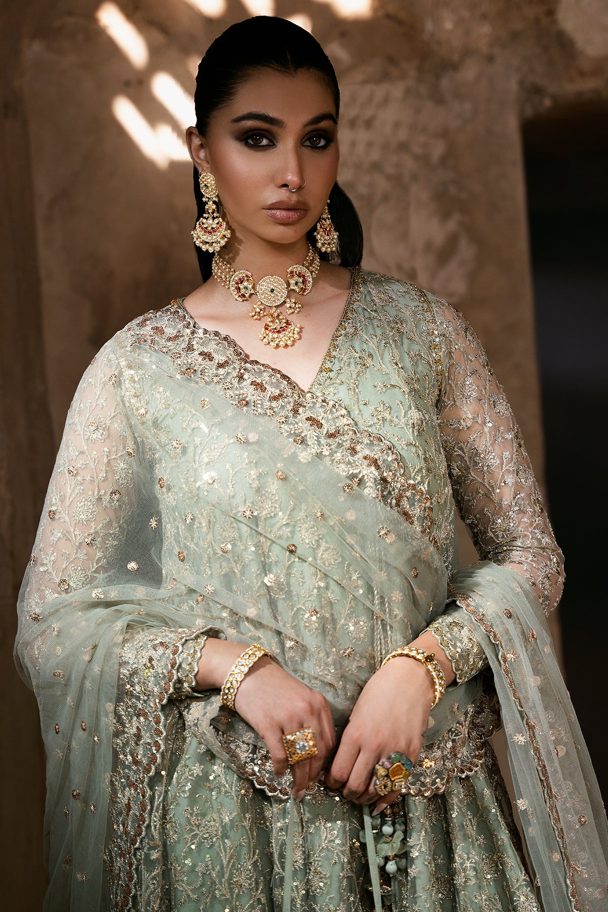 Pakistani Pistachio Embroidered Kattan Silk Angrakha (3-Piece) - Image 3