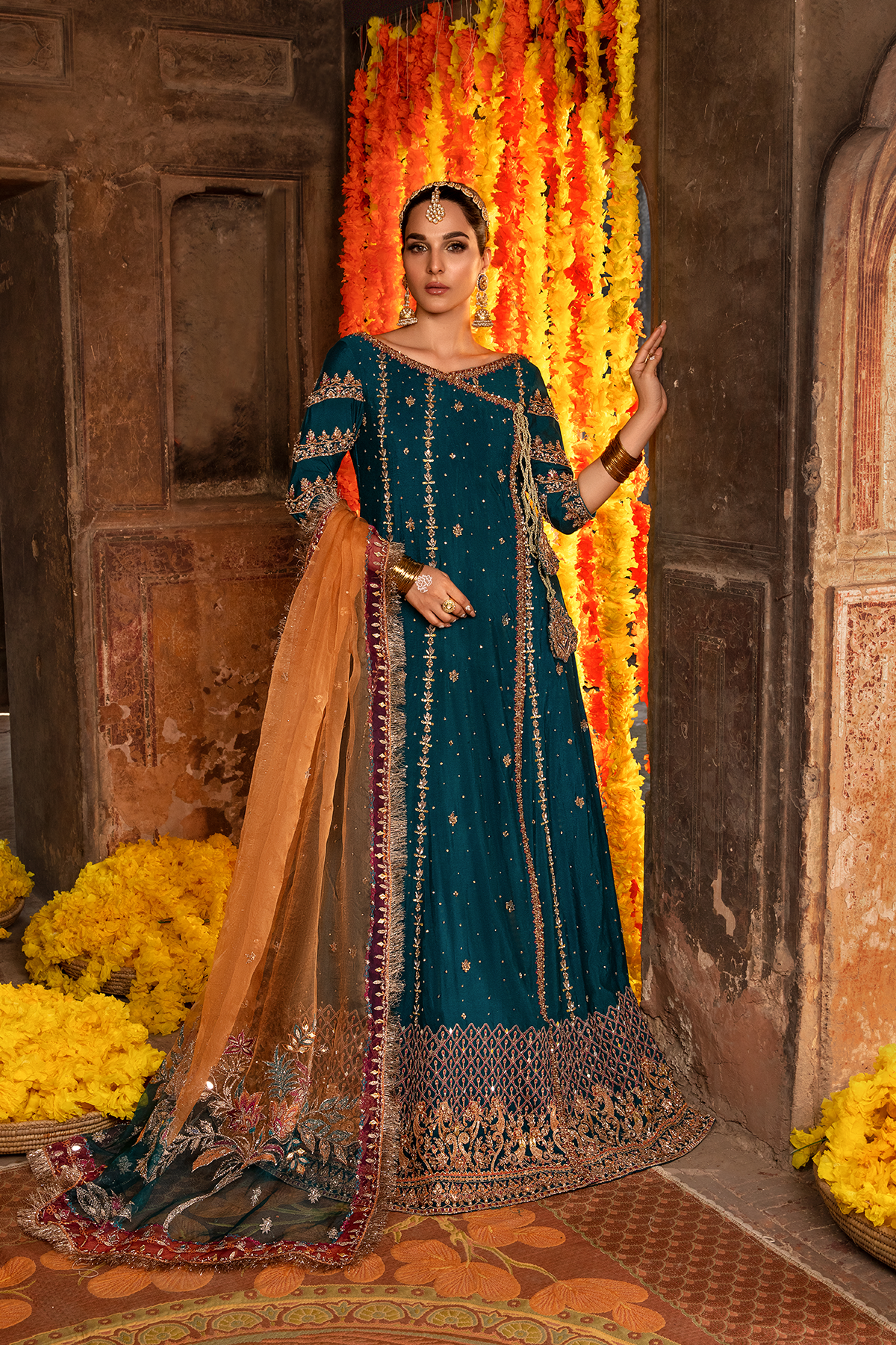 Pakistani Teal Embroidered Khaddi Net Angrakha (3-Piece) - Image 1