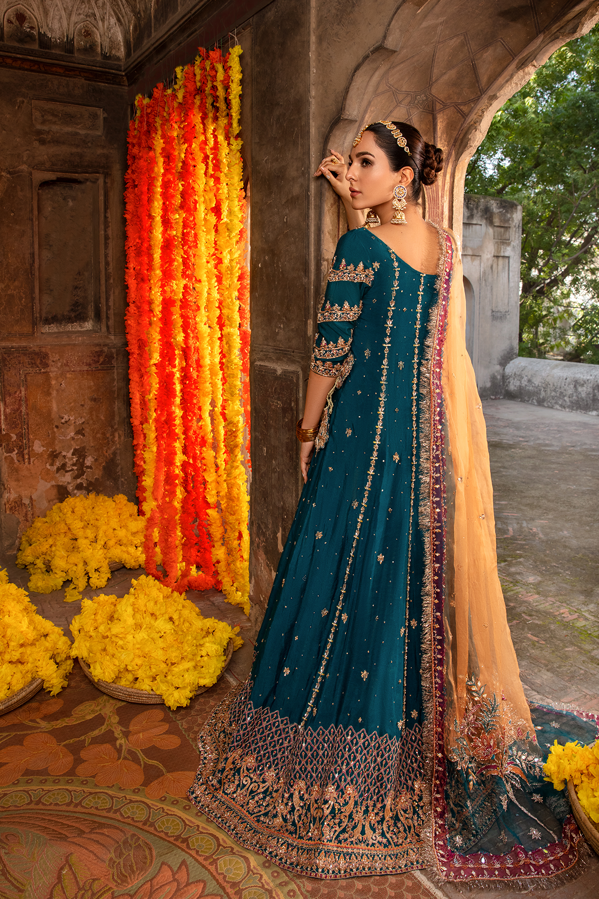 Pakistani Teal Embroidered Khaddi Net Angrakha (3-Piece) - Image 2