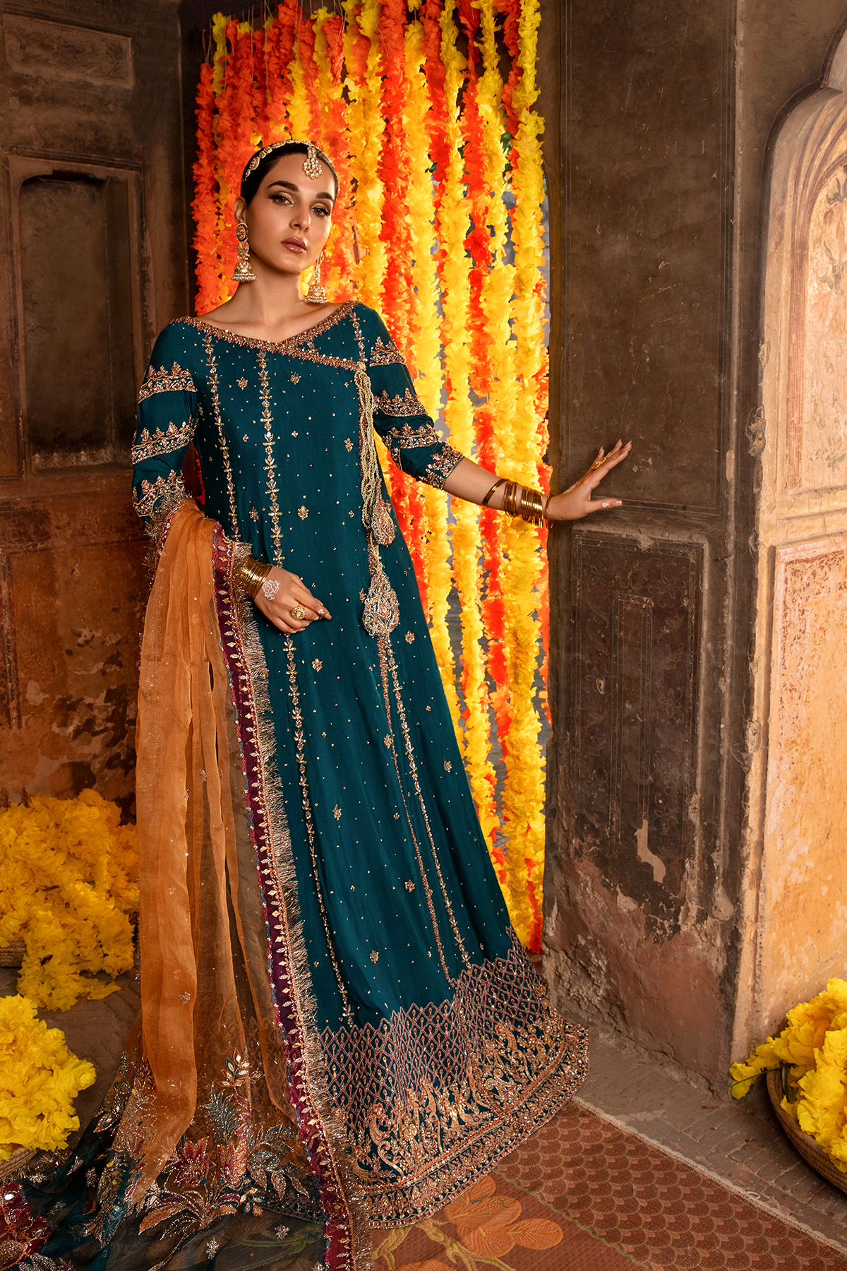 Pakistani Teal Embroidered Khaddi Net Angrakha (3-Piece) - Image 3