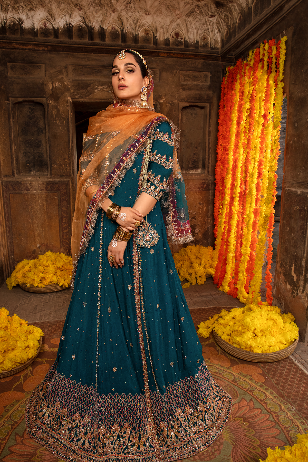 Pakistani Teal Embroidered Khaddi Net Angrakha (3-Piece) - Image 7