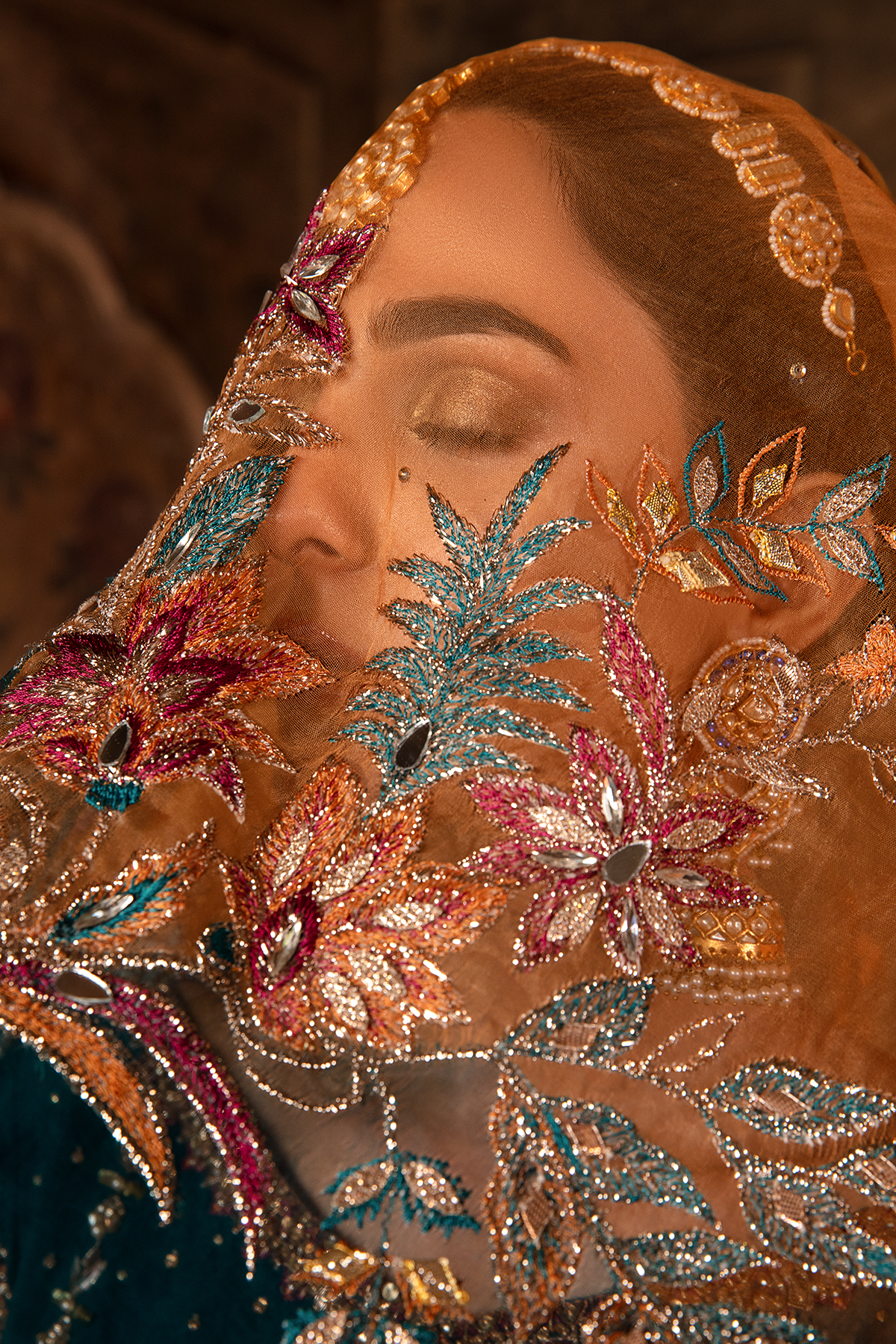 Pakistani Teal Embroidered Khaddi Net Angrakha (3-Piece) - Image 8