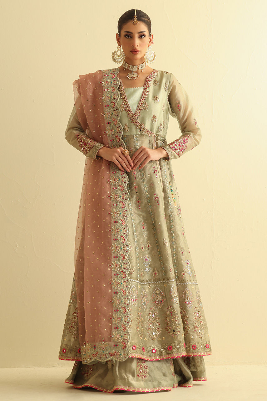 Pakistani Green Embroidered Maysuri Angharkha Dress (3-Piece) - Image 1