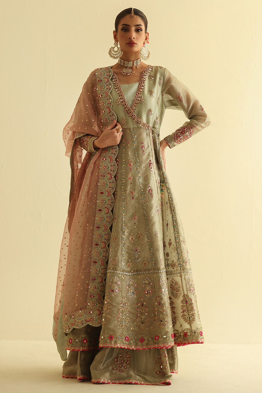 Pakistani Green Embroidered Maysuri Angharkha Dress (3-Piece) - Image 2