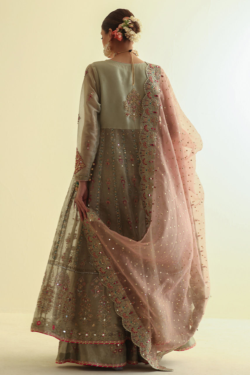 Pakistani Green Embroidered Maysuri Angharkha Dress (3-Piece) - Image 3