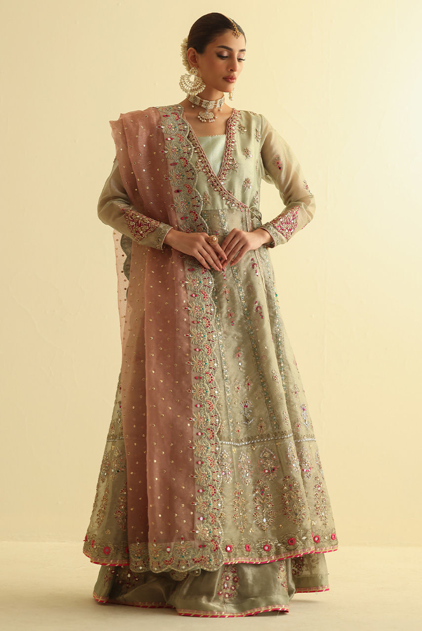 Pakistani Green Embroidered Maysuri Angharkha Dress (3-Piece) - Image 4