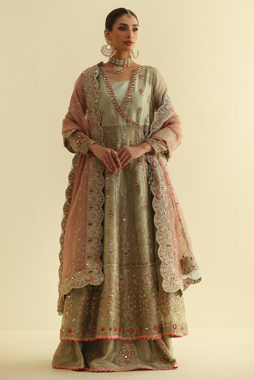 Pakistani Green Embroidered Maysuri Angharkha Dress (3-Piece) - Image 5