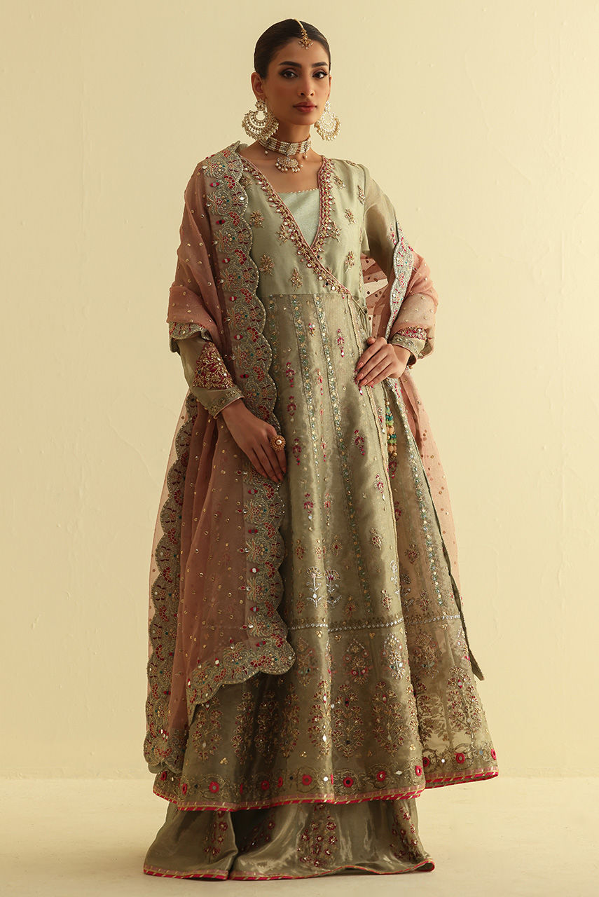 Pakistani Green Embroidered Maysuri Angharkha Dress (3-Piece) - Image 6