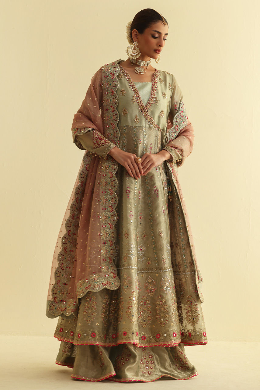 Pakistani Green Embroidered Maysuri Angharkha Dress (3-Piece) - Image 7