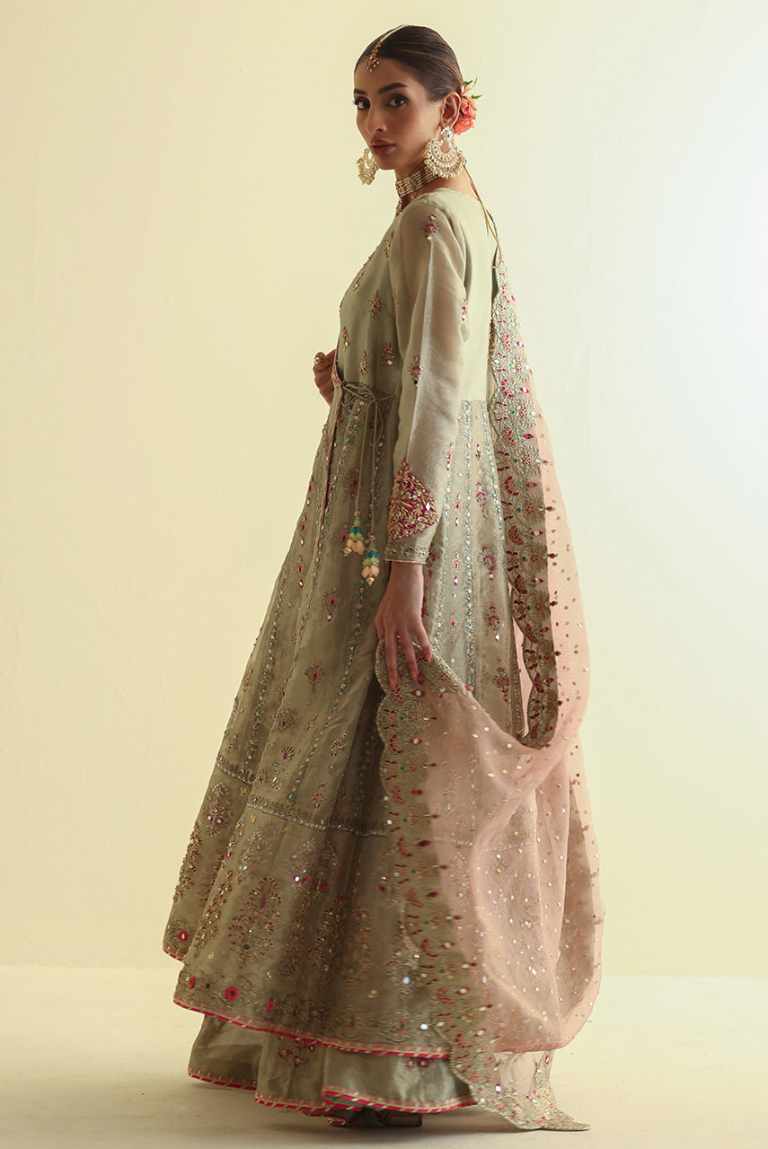 Pakistani Green Embroidered Maysuri Angharkha Dress (3-Piece) - Image 8
