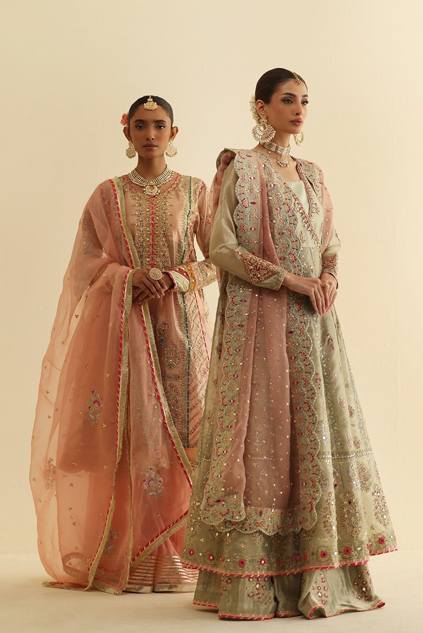 Pakistani Green Embroidered Maysuri Angharkha Dress (3-Piece) - Image 9