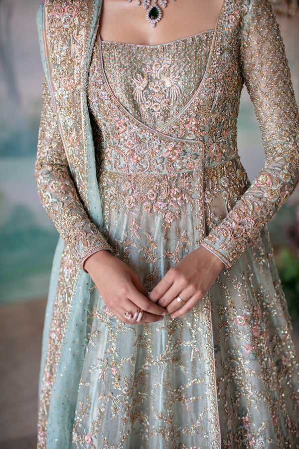 Pakistani Pistachio Embellished Net Angrakha Bridal Gown (2-Piece) - Image 6