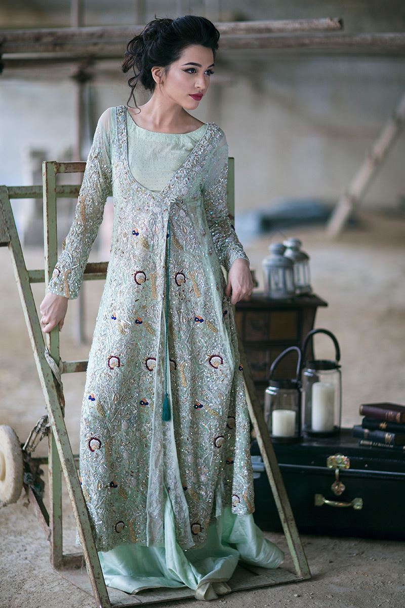 Mint Zardozi Net Angrakha Dress (1-Pc) - Image 1