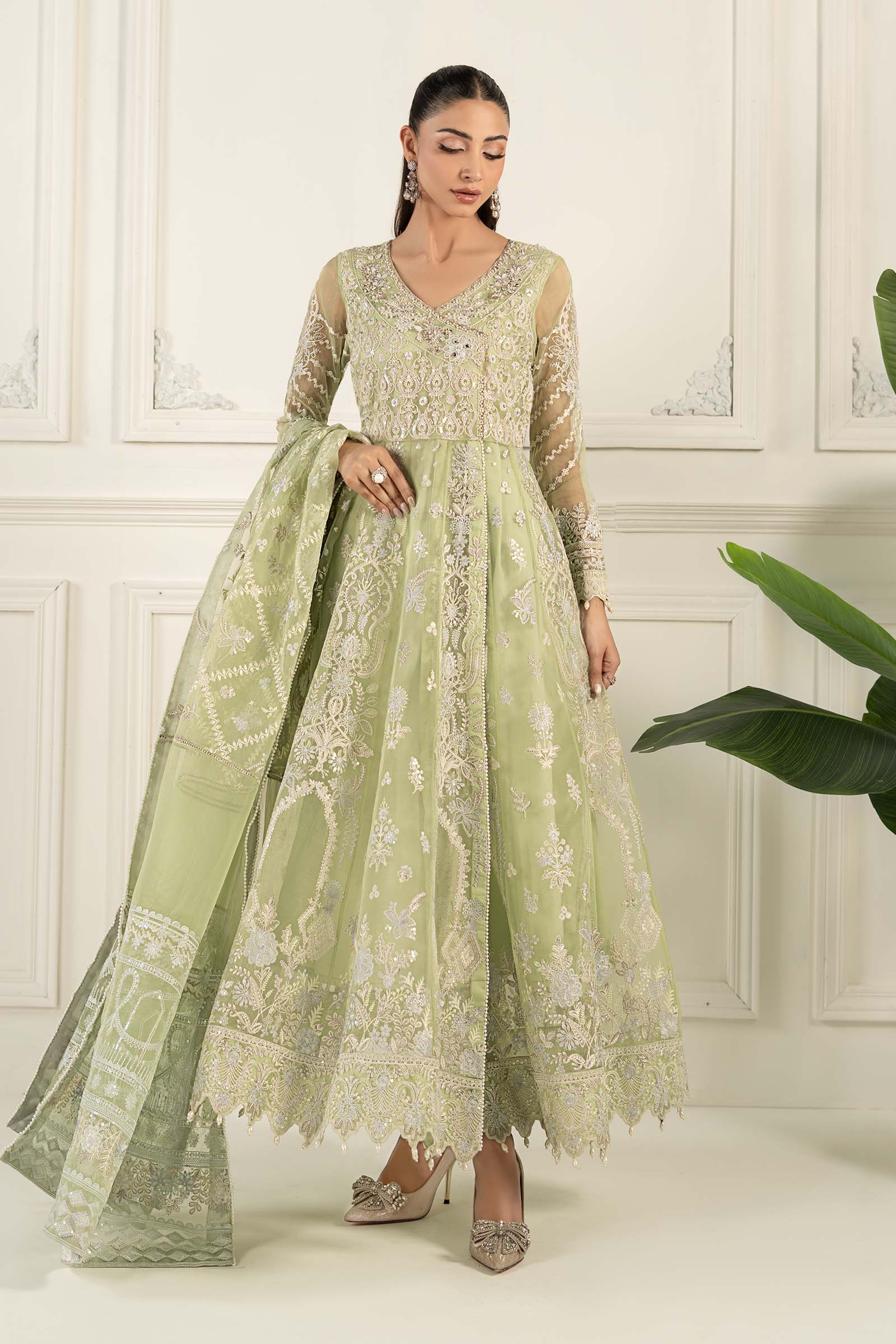 Pakistani Mint Green Embroidered Organza Angrakha Dress (3-Piece) - Image 1