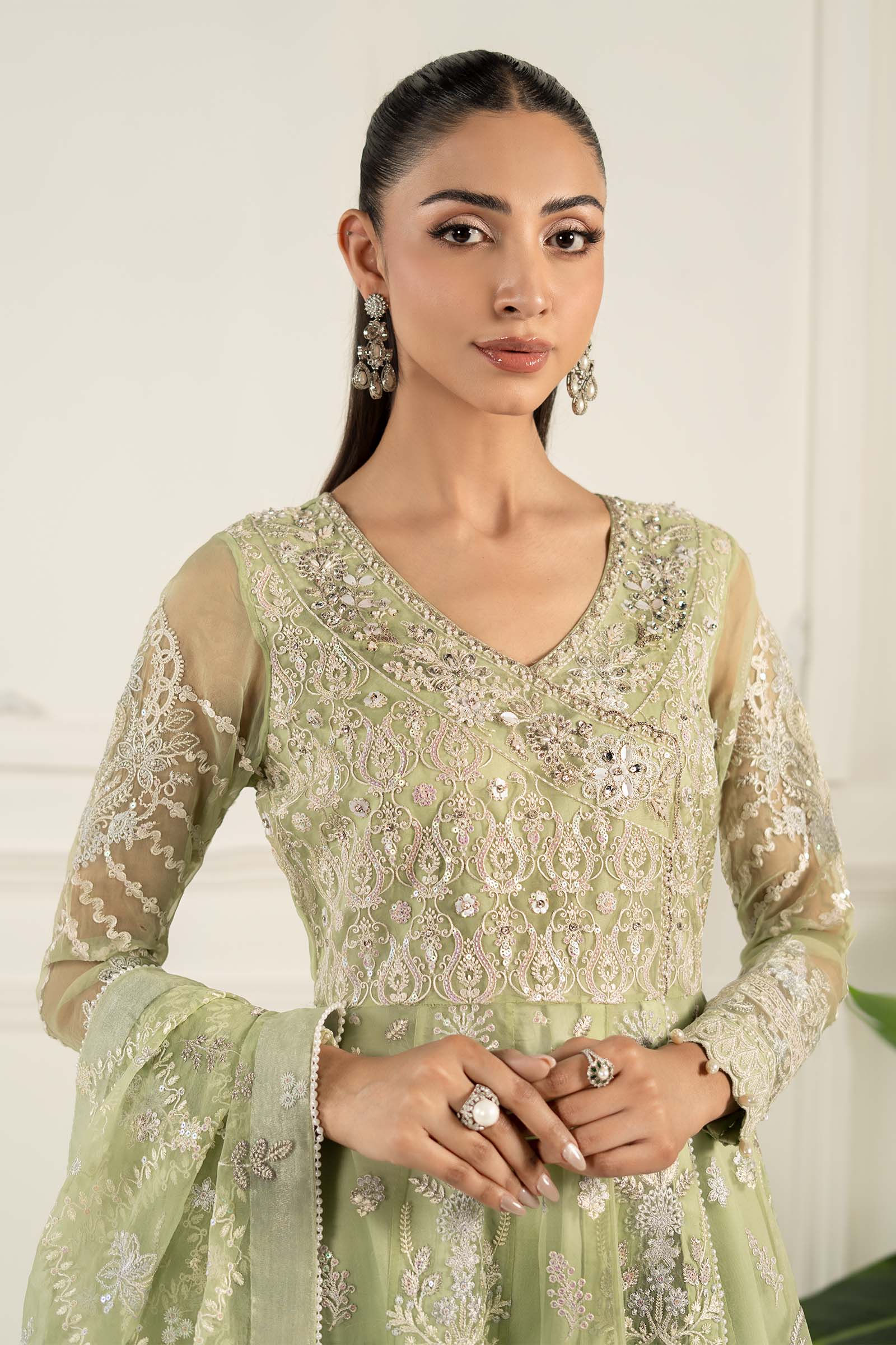 Pakistani Mint Green Embroidered Organza Angrakha Dress (3-Piece) - Image 2