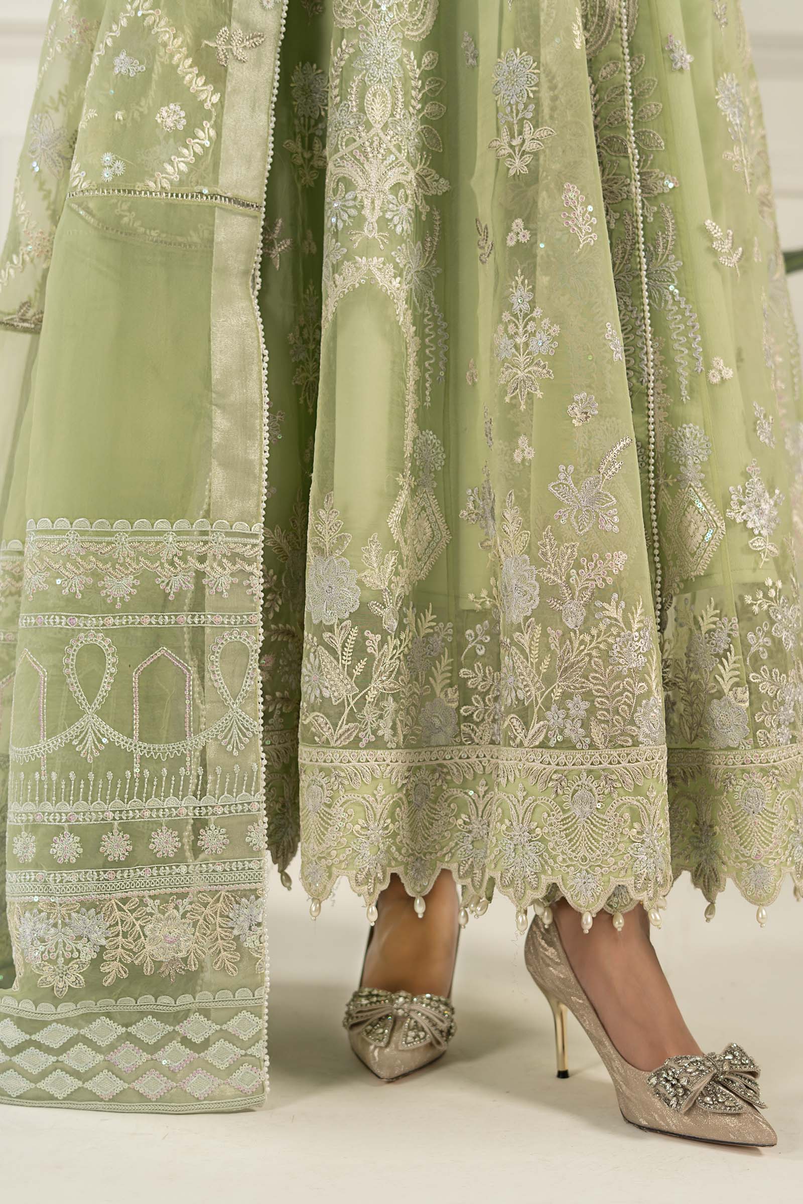 Pakistani Mint Green Embroidered Organza Angrakha Dress (3-Piece) - Image 3