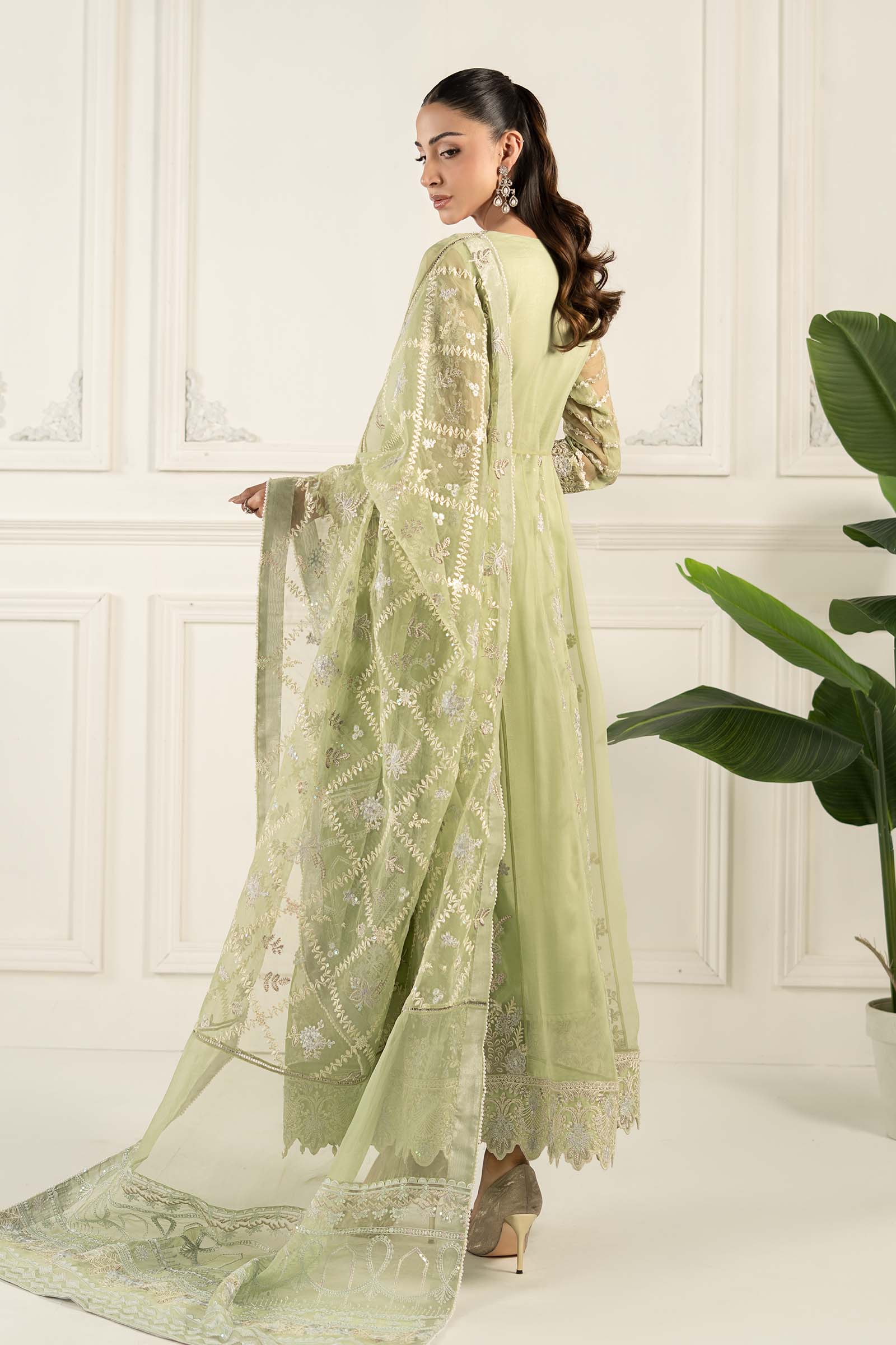 Pakistani Mint Green Embroidered Organza Angrakha Dress (3-Piece) - Image 5