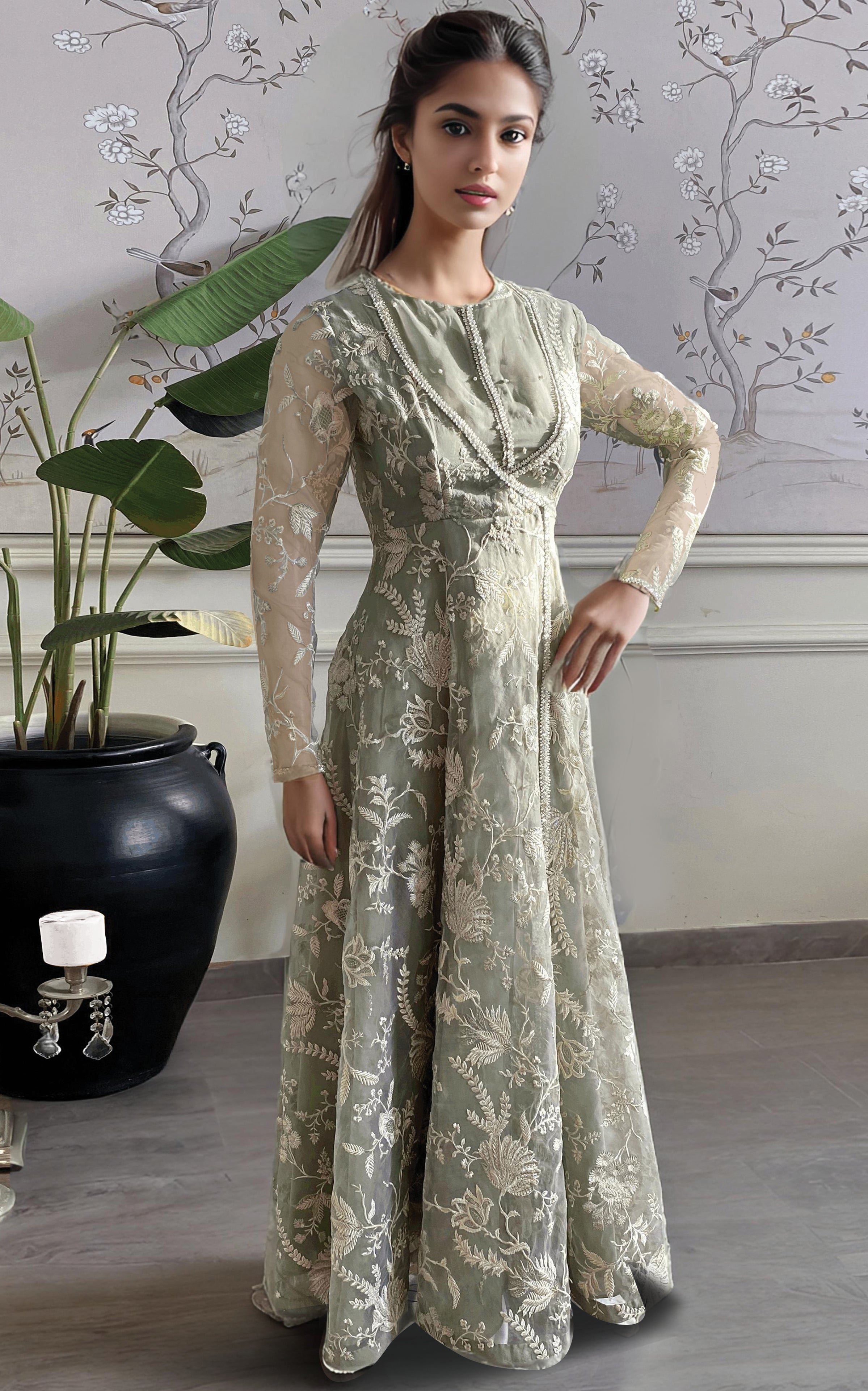 Sage Green Embroidered Organza Angarkha (1-Pc) - Image 1