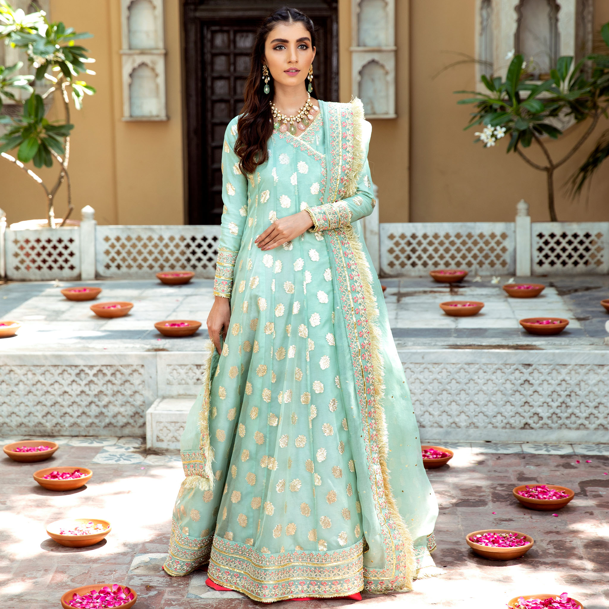 Pakistani Mint Zari Organza Kalidar Angrakha (3-Piece) - Image 1