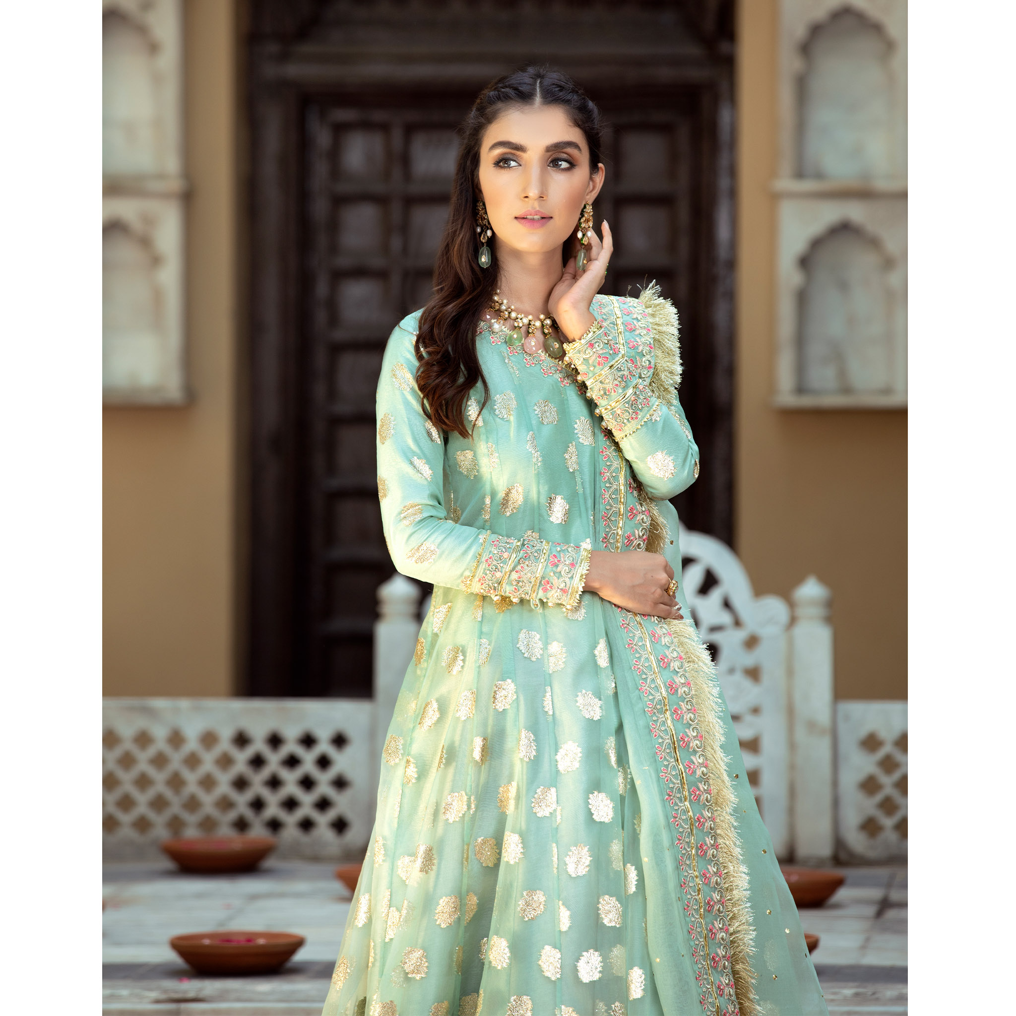 Pakistani Mint Zari Organza Kalidar Angrakha (3-Piece) - Image 3