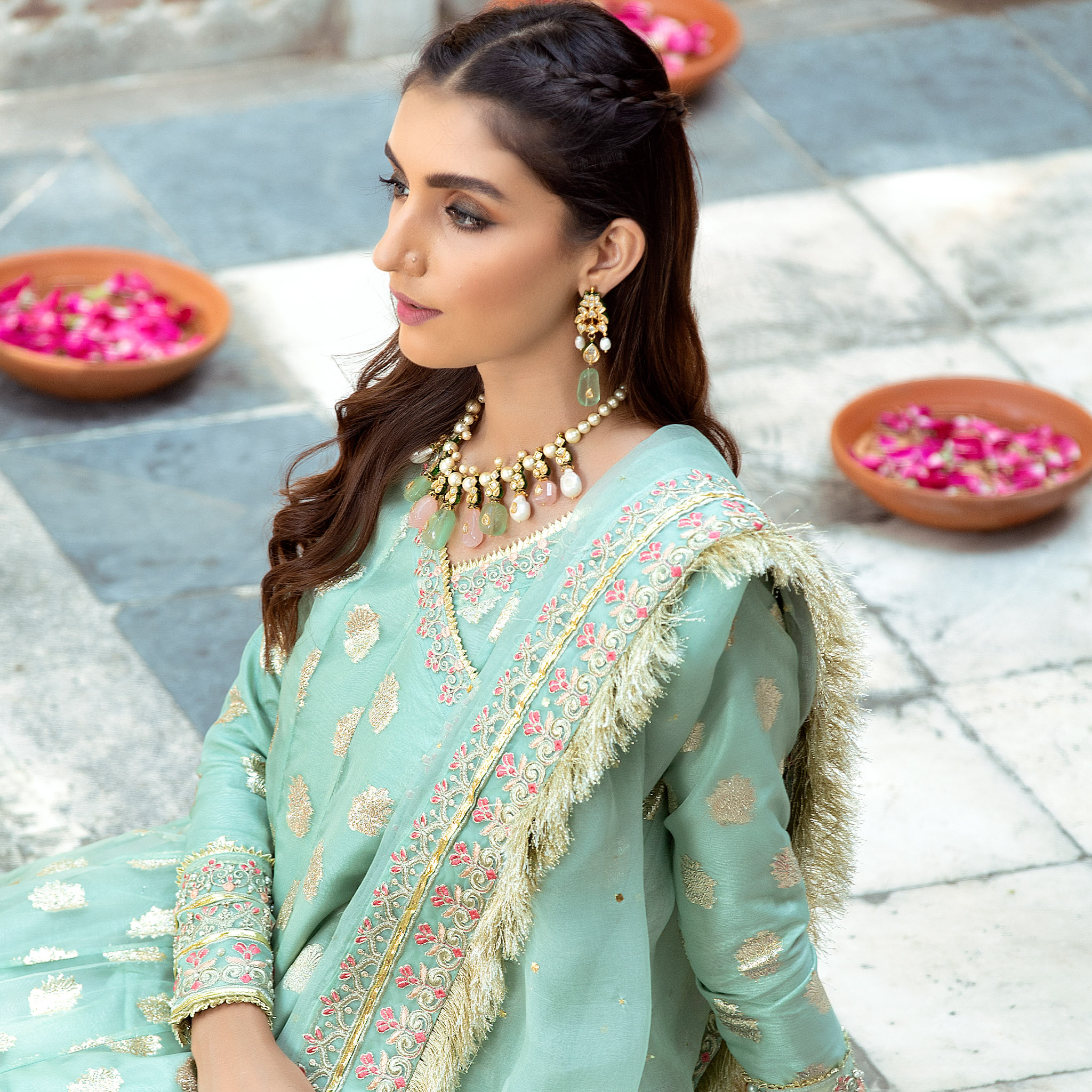 Pakistani Mint Zari Organza Kalidar Angrakha (3-Piece) - Image 4