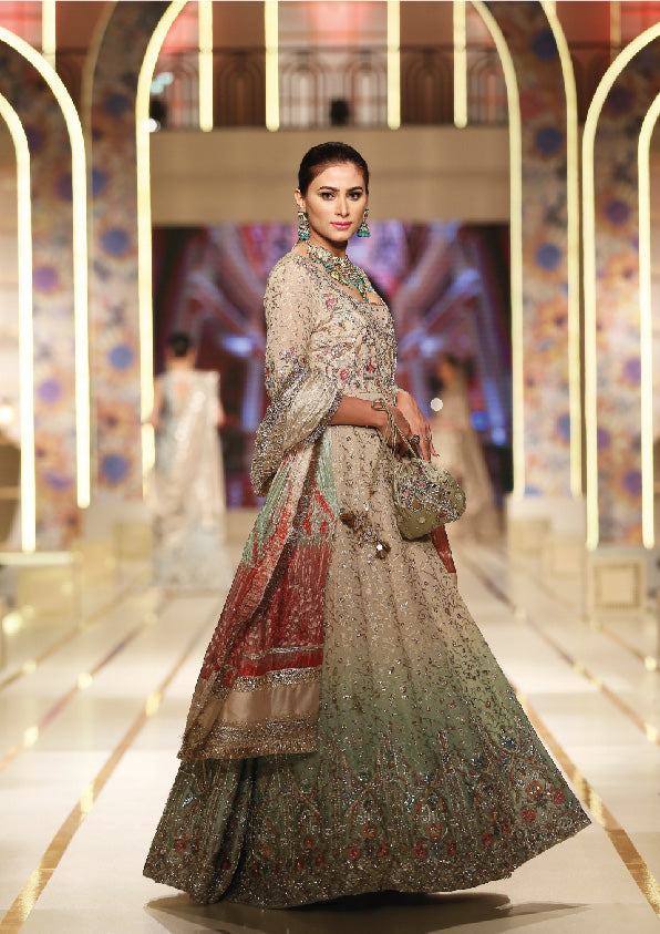 Ombre Green Yellow Embroidered Silk-Blend Angrakha (3-Piece) - Image 1