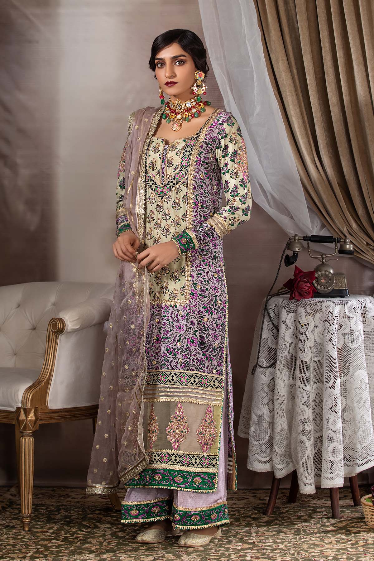 Pistachio Lilac Embroidered Raw Silk Angrakha (2-Piece) - Image 1