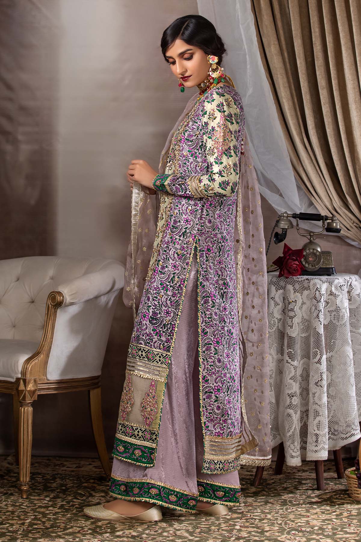 Pistachio Lilac Embroidered Raw Silk Angrakha (2-Piece) - Image 2