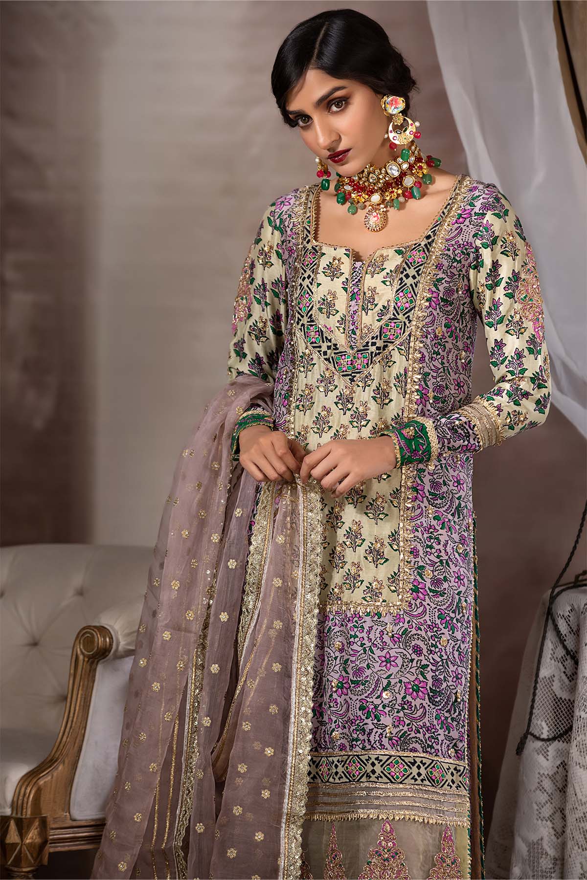 Pistachio Lilac Embroidered Raw Silk Angrakha (2-Piece) - Image 4