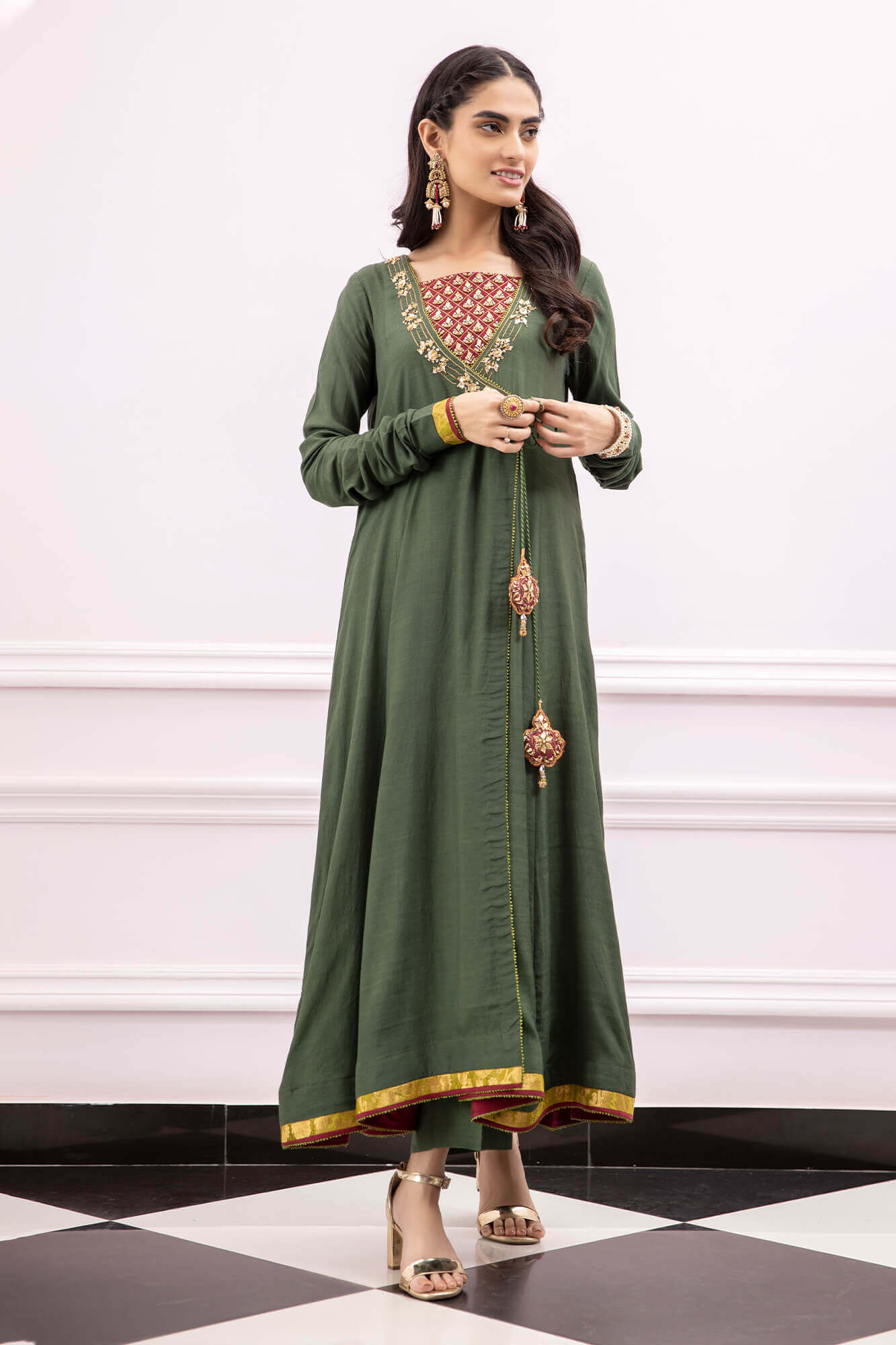 Military Green Embroidered Raw Silk Angharka (2-Piece) - Image 2