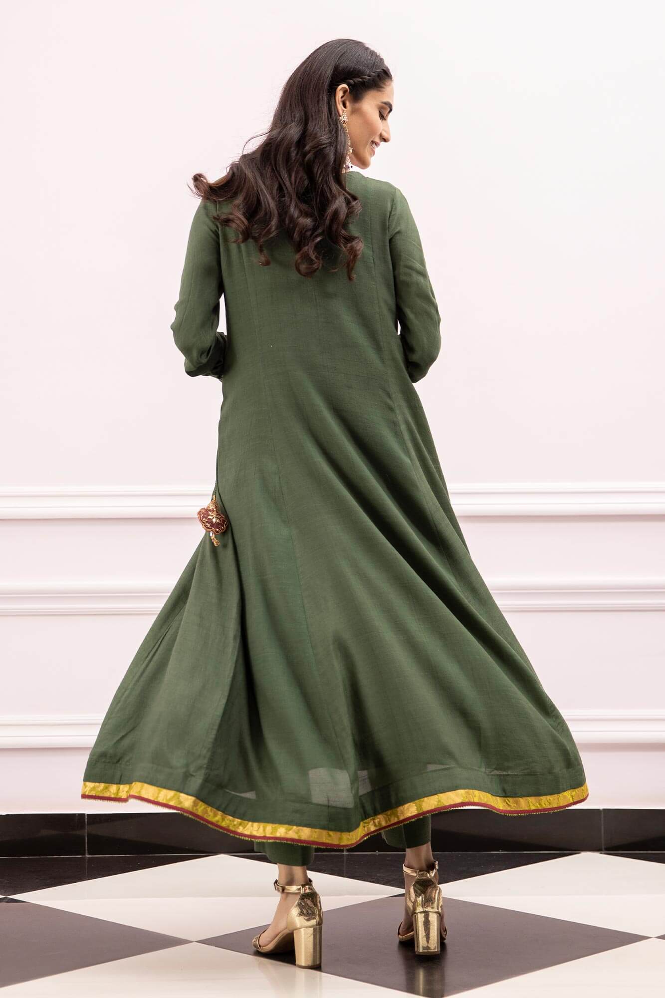 Military Green Embroidered Raw Silk Angharka (2-Piece) - Image 3