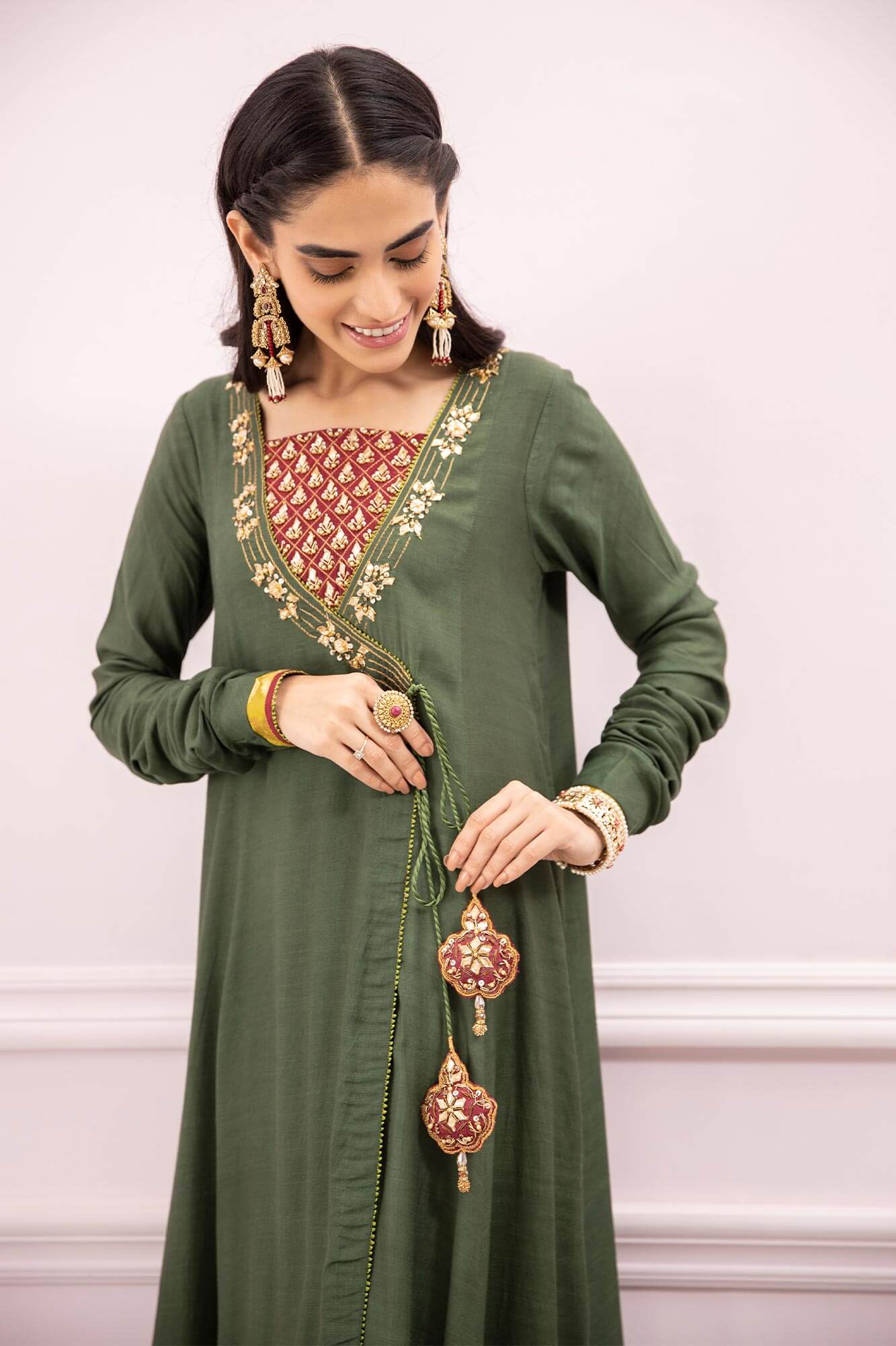 Military Green Embroidered Raw Silk Angharka (2-Piece) - Image 4