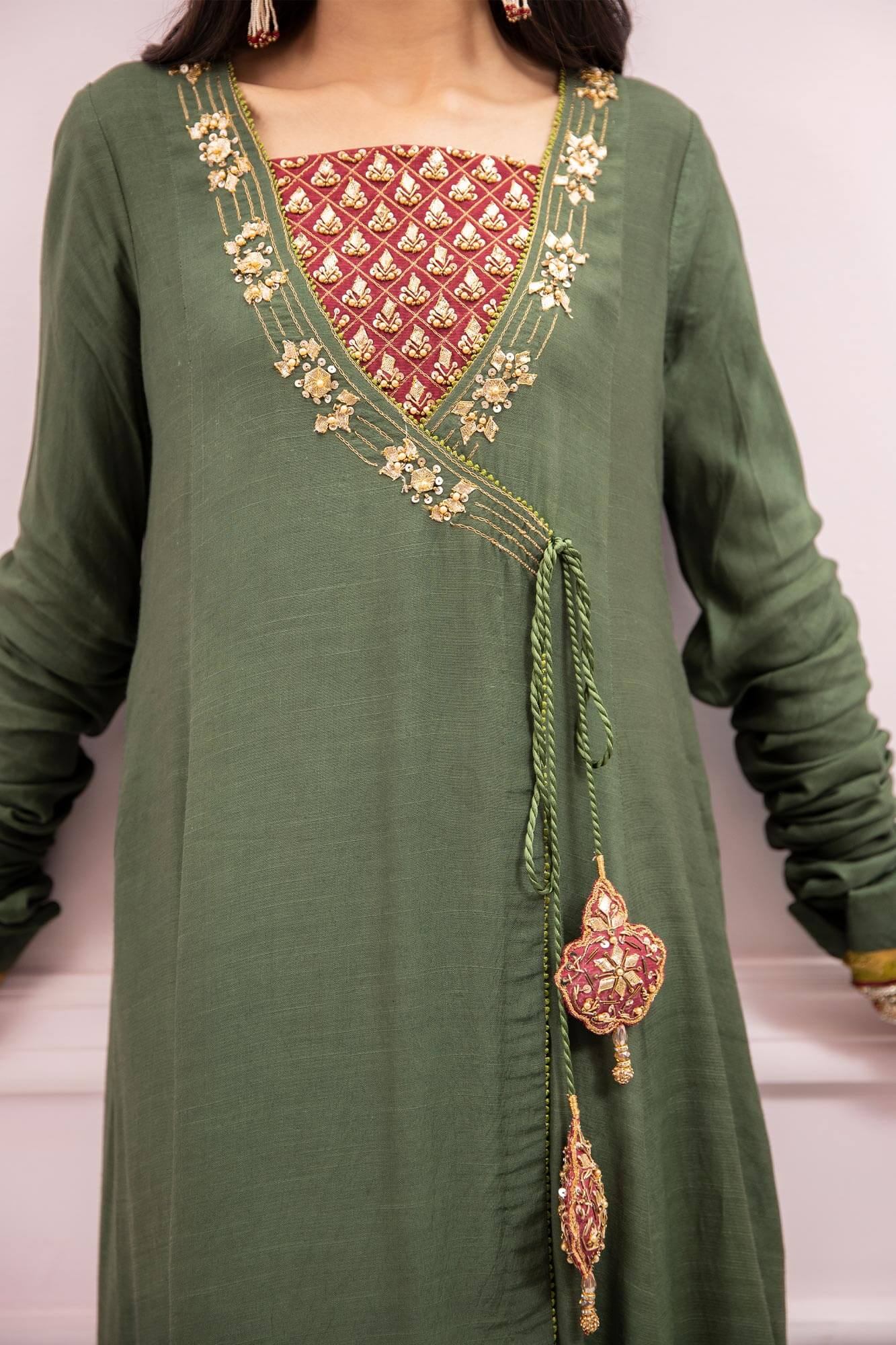 Military Green Embroidered Raw Silk Angharka (2-Piece) - Image 5