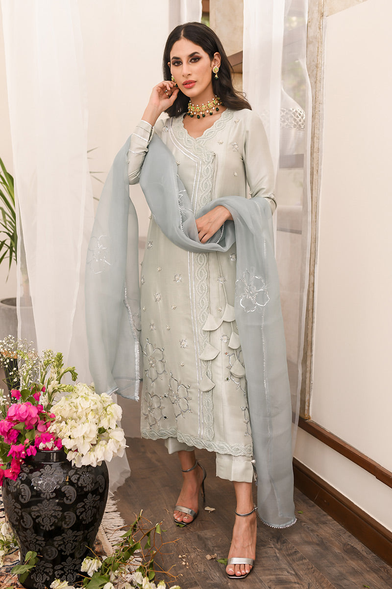 Pale Mint Handworked Raw Silk Angrakha (3-Piece) - Image 3