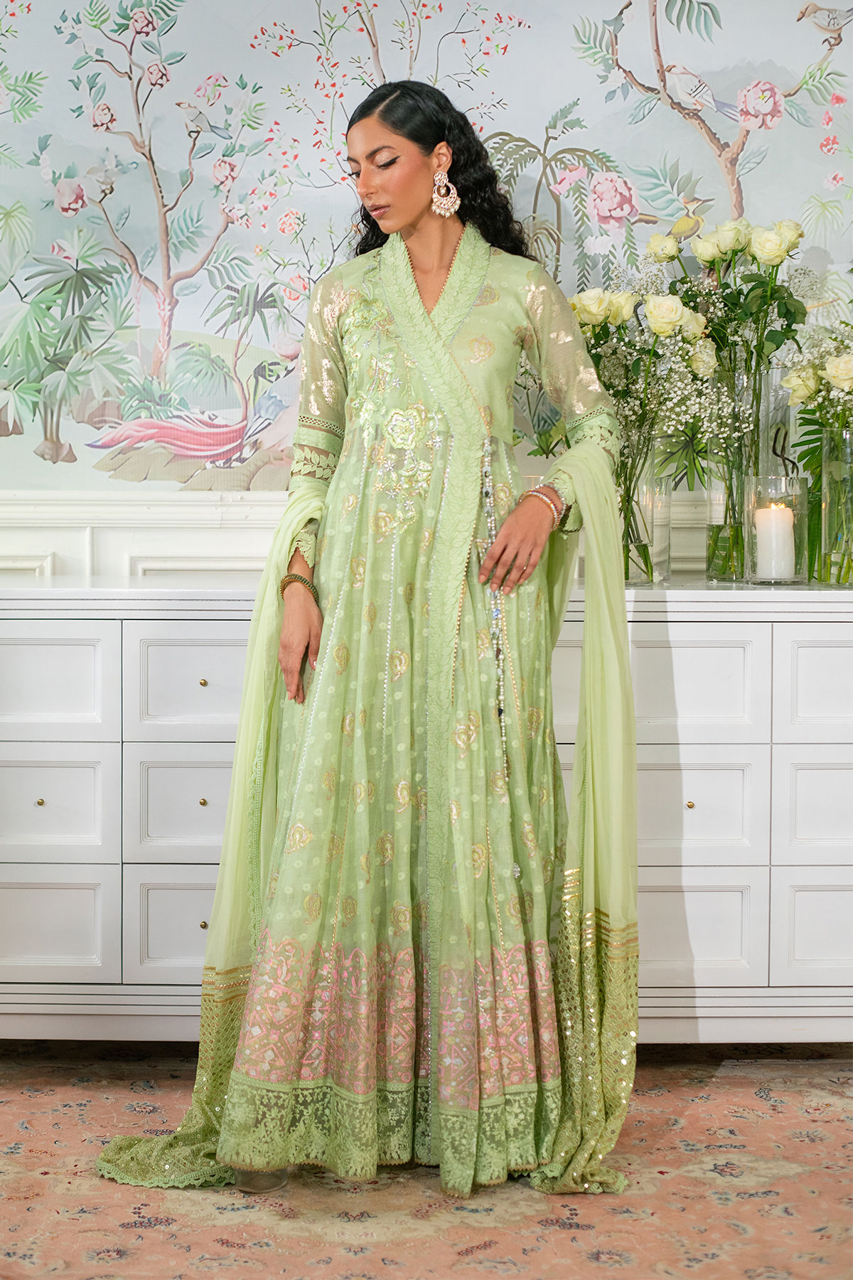 Pakistani Mint Resham Embroidered Raw Silk Angharka Pishwas (3-Piece) - Image 1