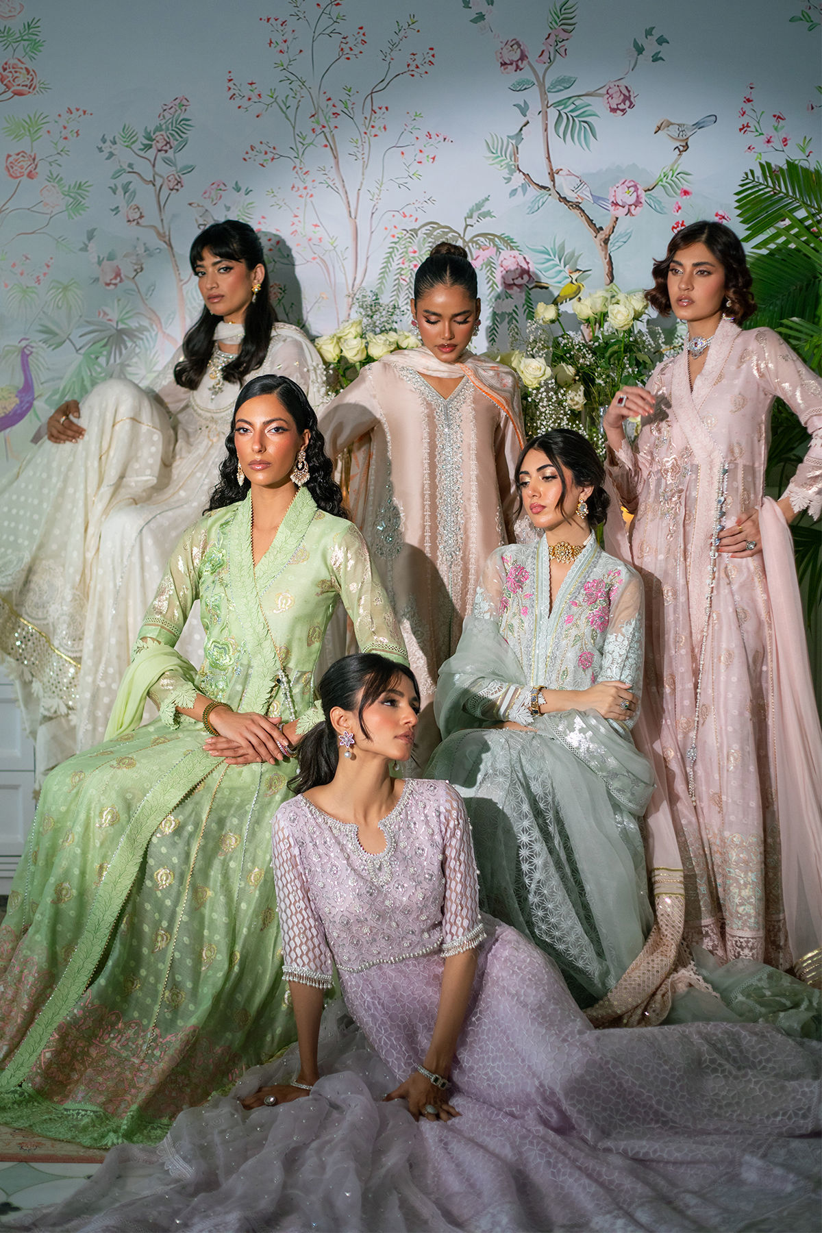 Pakistani Mint Resham Embroidered Raw Silk Angharka Pishwas (3-Piece) - Image 16