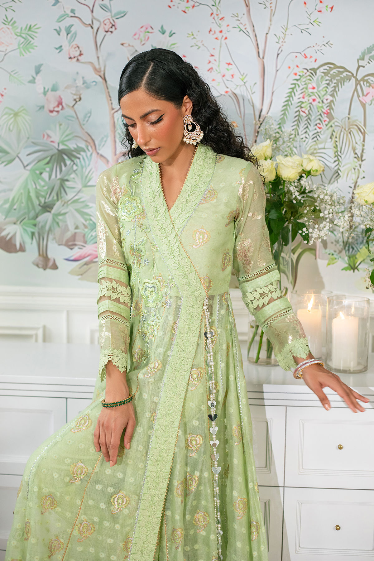 Pakistani Mint Resham Embroidered Raw Silk Angharka Pishwas (3-Piece) - Image 2