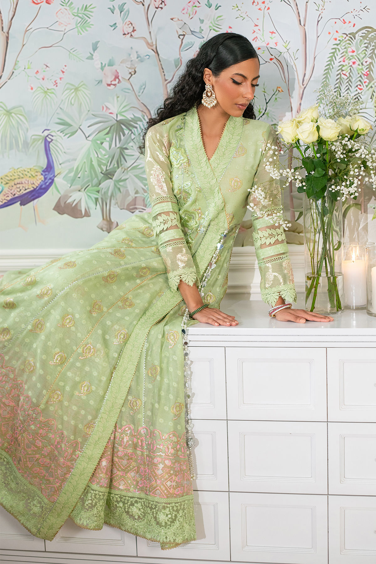 Pakistani Mint Resham Embroidered Raw Silk Angharka Pishwas (3-Piece) - Image 3