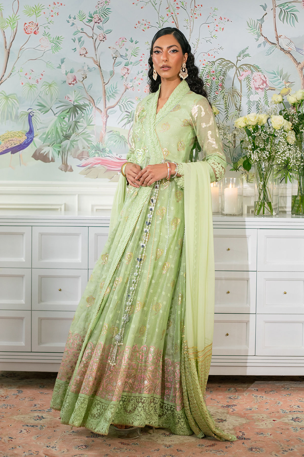 Pakistani Mint Resham Embroidered Raw Silk Angharka Pishwas (3-Piece) - Image 4