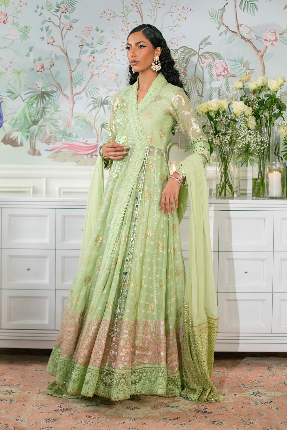 Pakistani Mint Resham Embroidered Raw Silk Angharka Pishwas (3-Piece) - Image 5