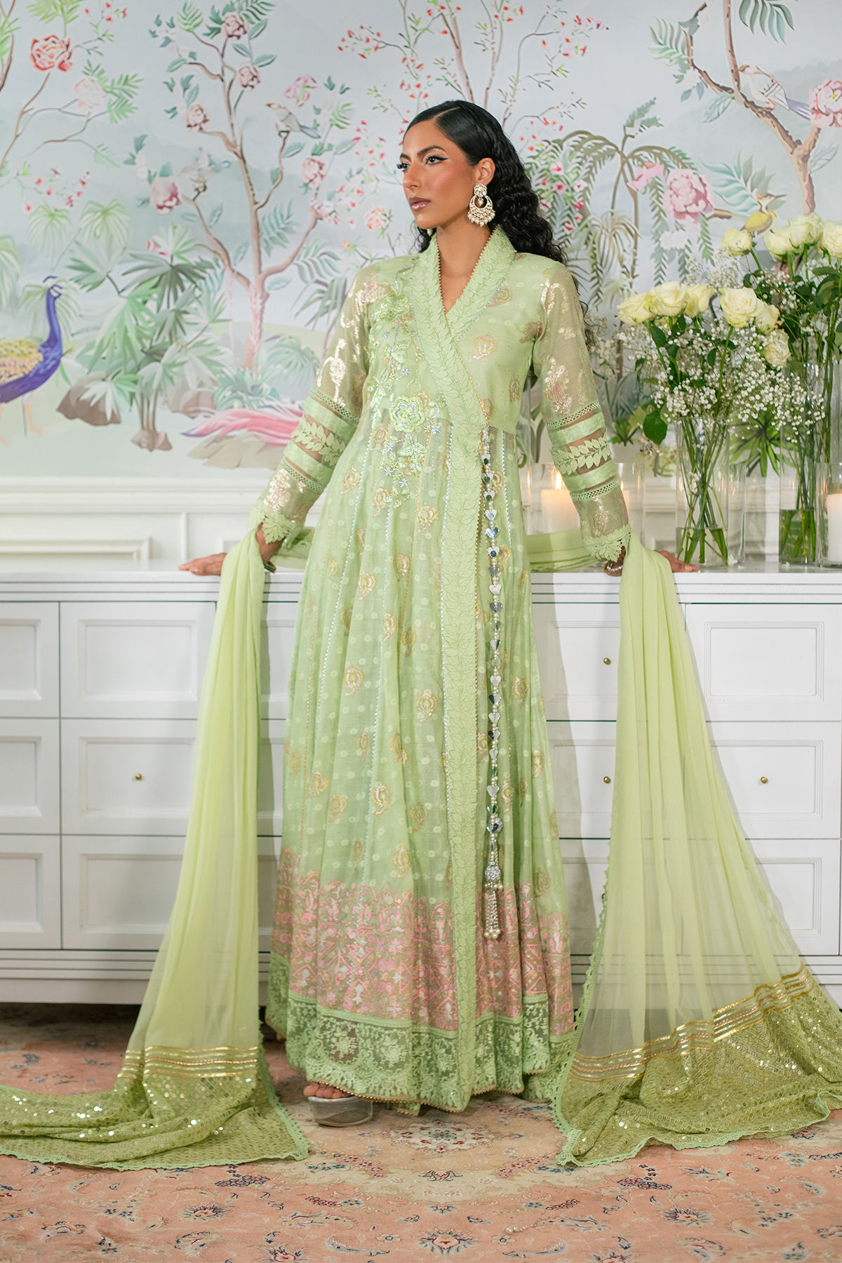 Pakistani Mint Resham Embroidered Raw Silk Angharka Pishwas (3-Piece) - Image 6