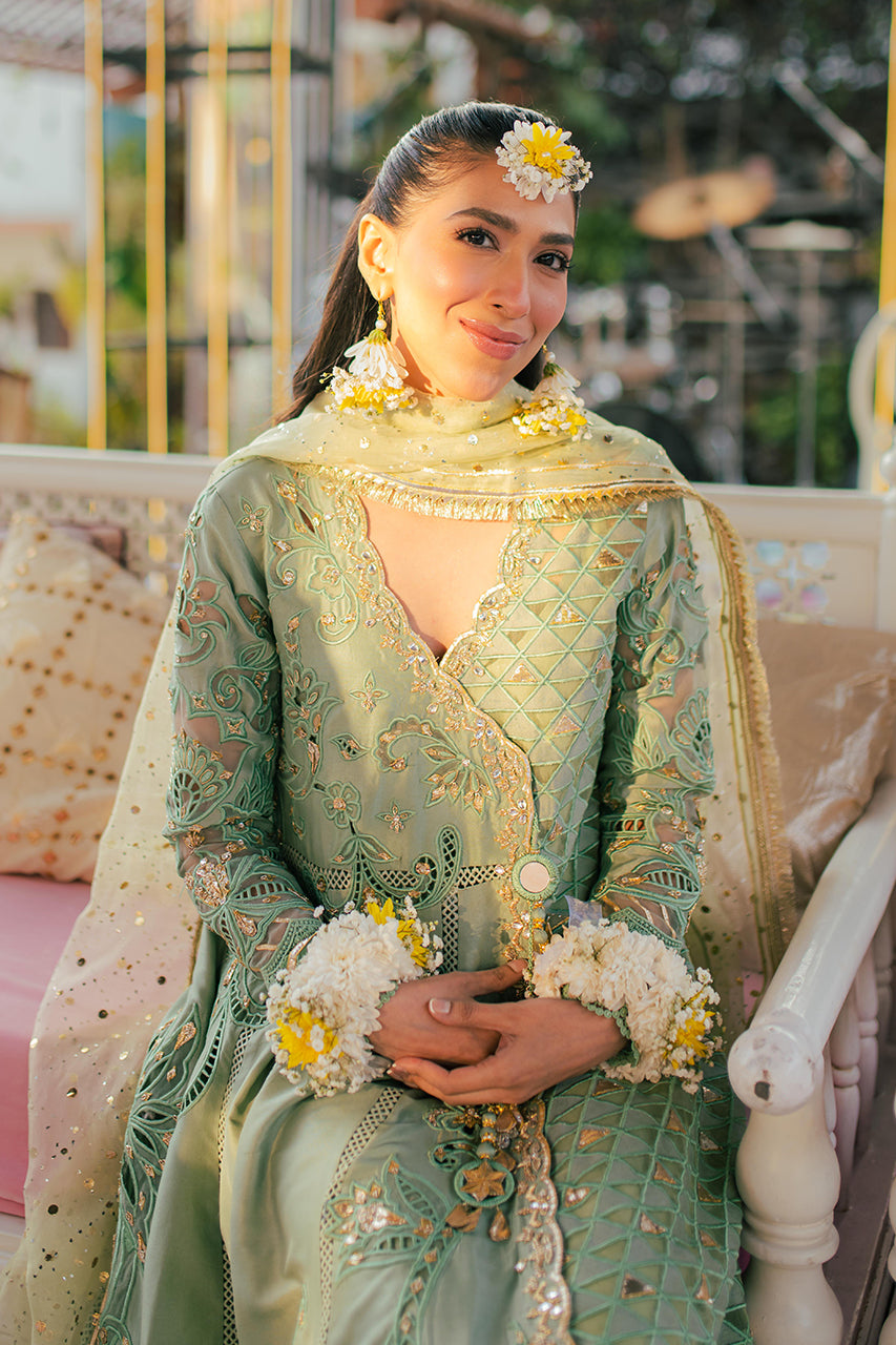 Mint Embroidered Raw Silk Angrakha (3-Piece) - Image 2