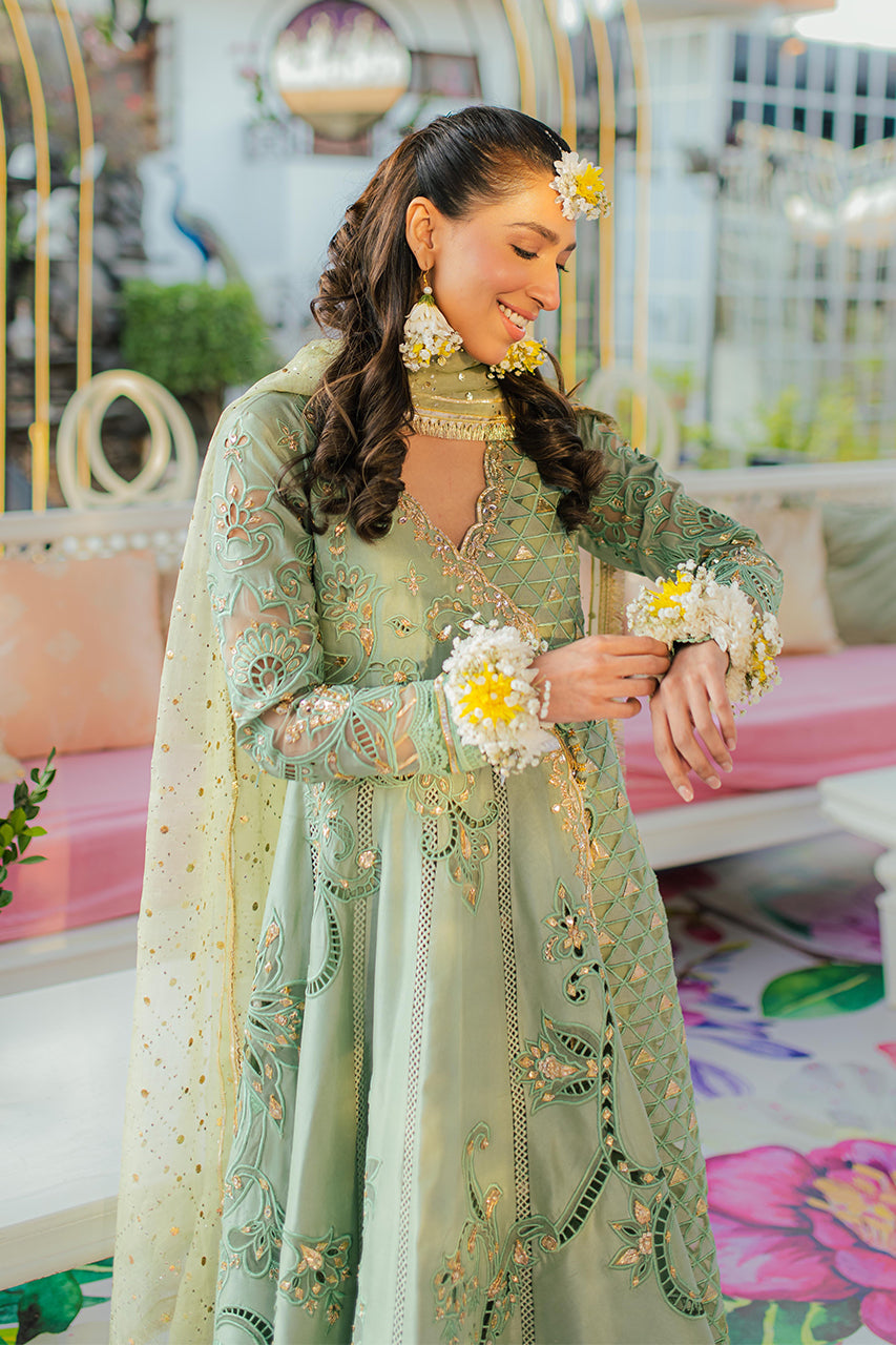 Mint Embroidered Raw Silk Angrakha (3-Piece) - Image 4