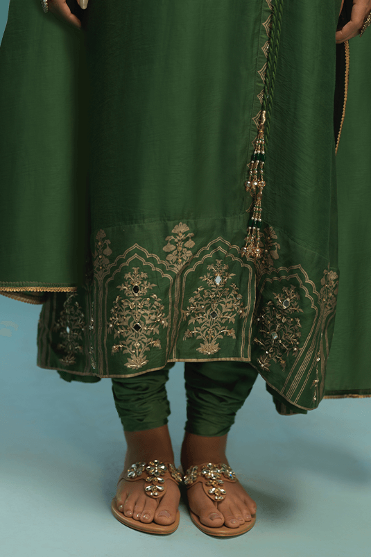 Green Sheesha Embroidered Raw Silk Angrakha (3-Piece) - Image 1