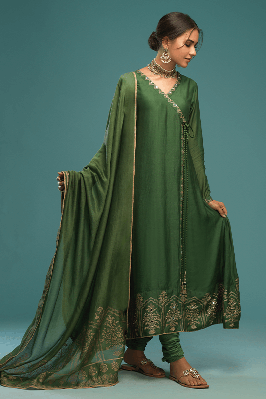 Green Sheesha Embroidered Raw Silk Angrakha (3-Piece) - Image 2